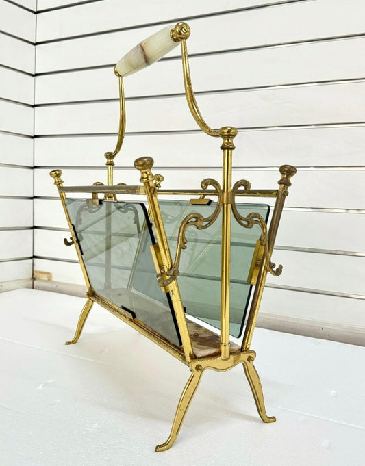 Rare 60's Brass glass&Onyx magazine rack by Masion bagus