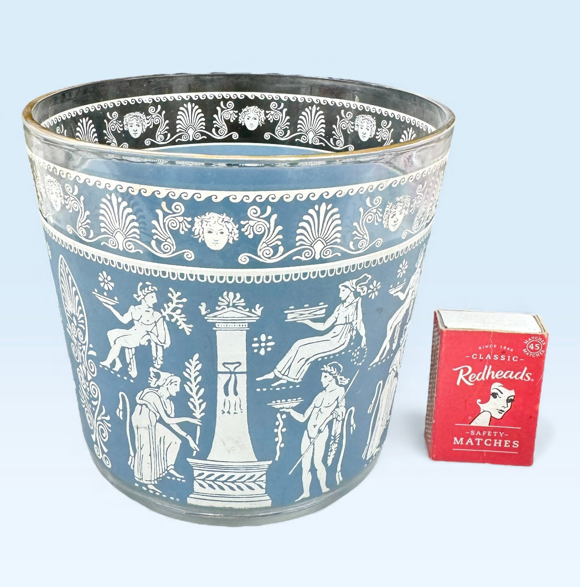 Jeannette Glass Ice Bucket – Blue Hellenic Greek Roman Design with Gold