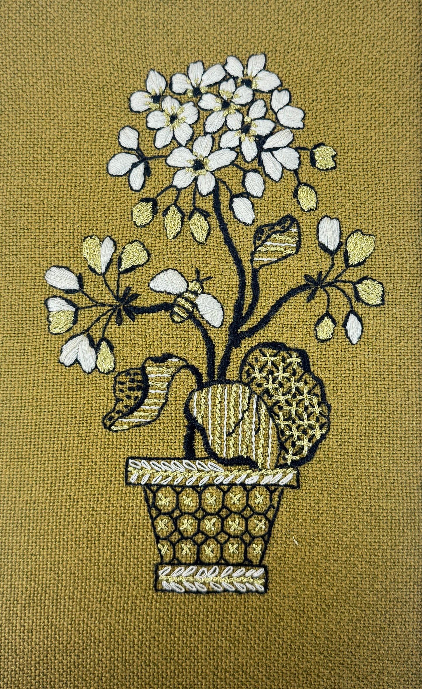 MCM Green floral embroidery in white wooden frame