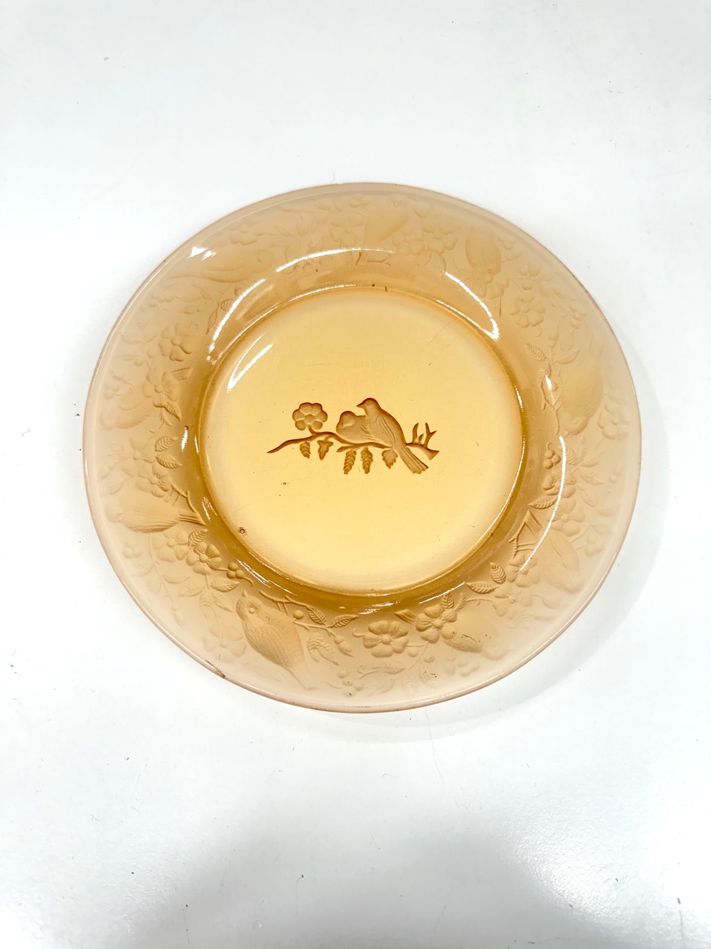 vtg Amber glass,Uranium glass plate,relief birds