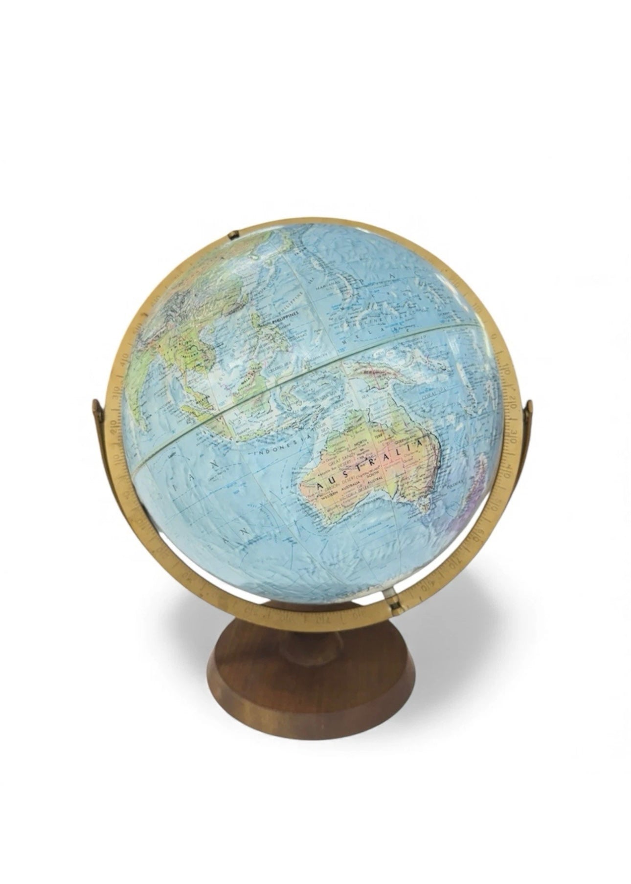 Vintage 1970s Reader’s Digest 12” Replogle World Globe – Wooden Base, Raised Relief