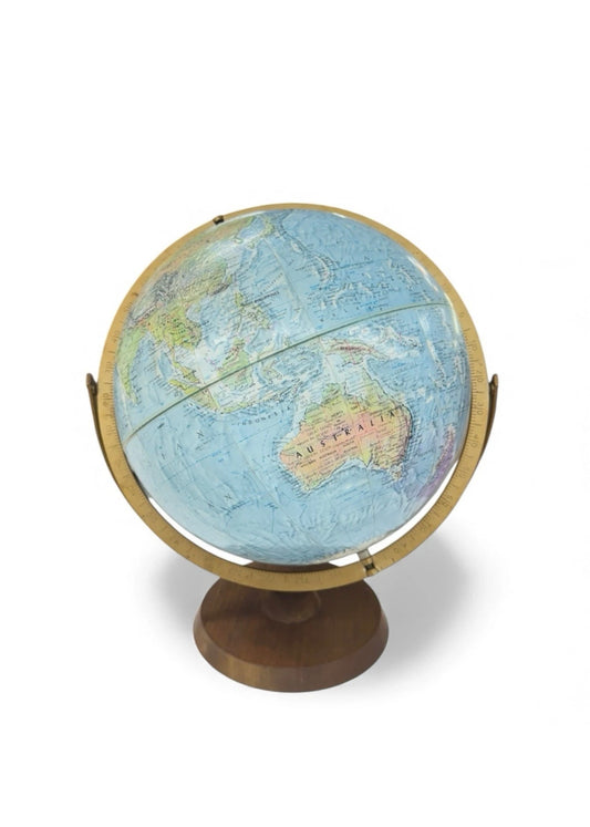 Vintage 1970s Reader’s Digest 12” Replogle World Globe – Wooden Base, Raised Relief