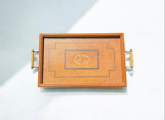 vtg Big wooden tray,marquetry’s inlaid,serving tray,kitchen decor,glass top
