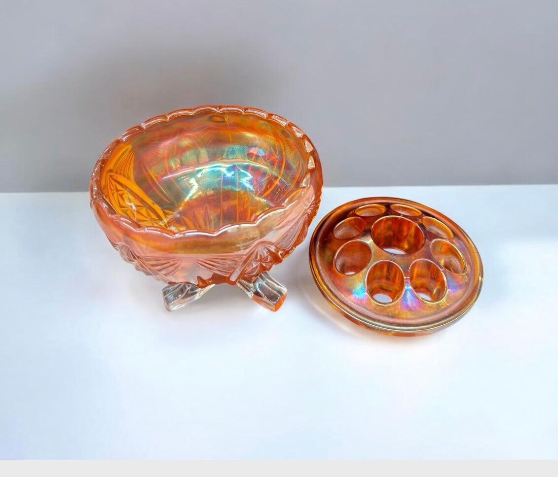 Sowerby Carnival Glass Footed Rose Bowl with Original Frog