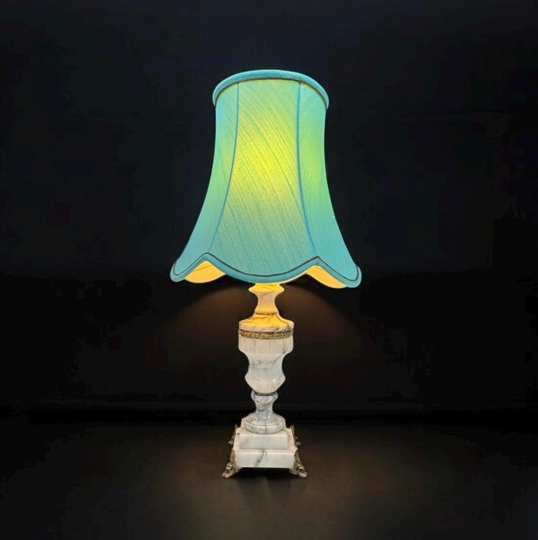 White Marble and Brass Table Lamp with Green Lamp Shade
