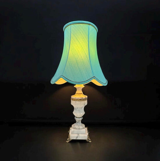 White Marble and Brass Table Lamp with Green Lamp Shade