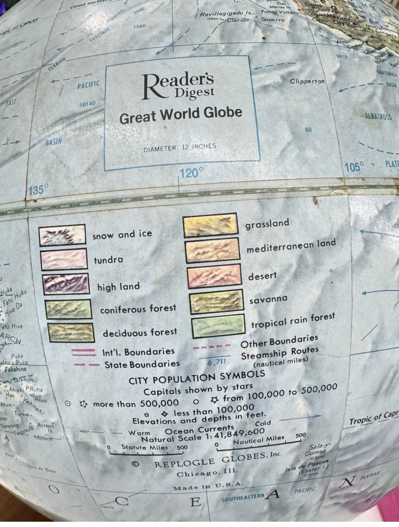 Vintage 1970s Reader’s Digest 12” Replogle World Globe – Wooden Base, Raised Relief