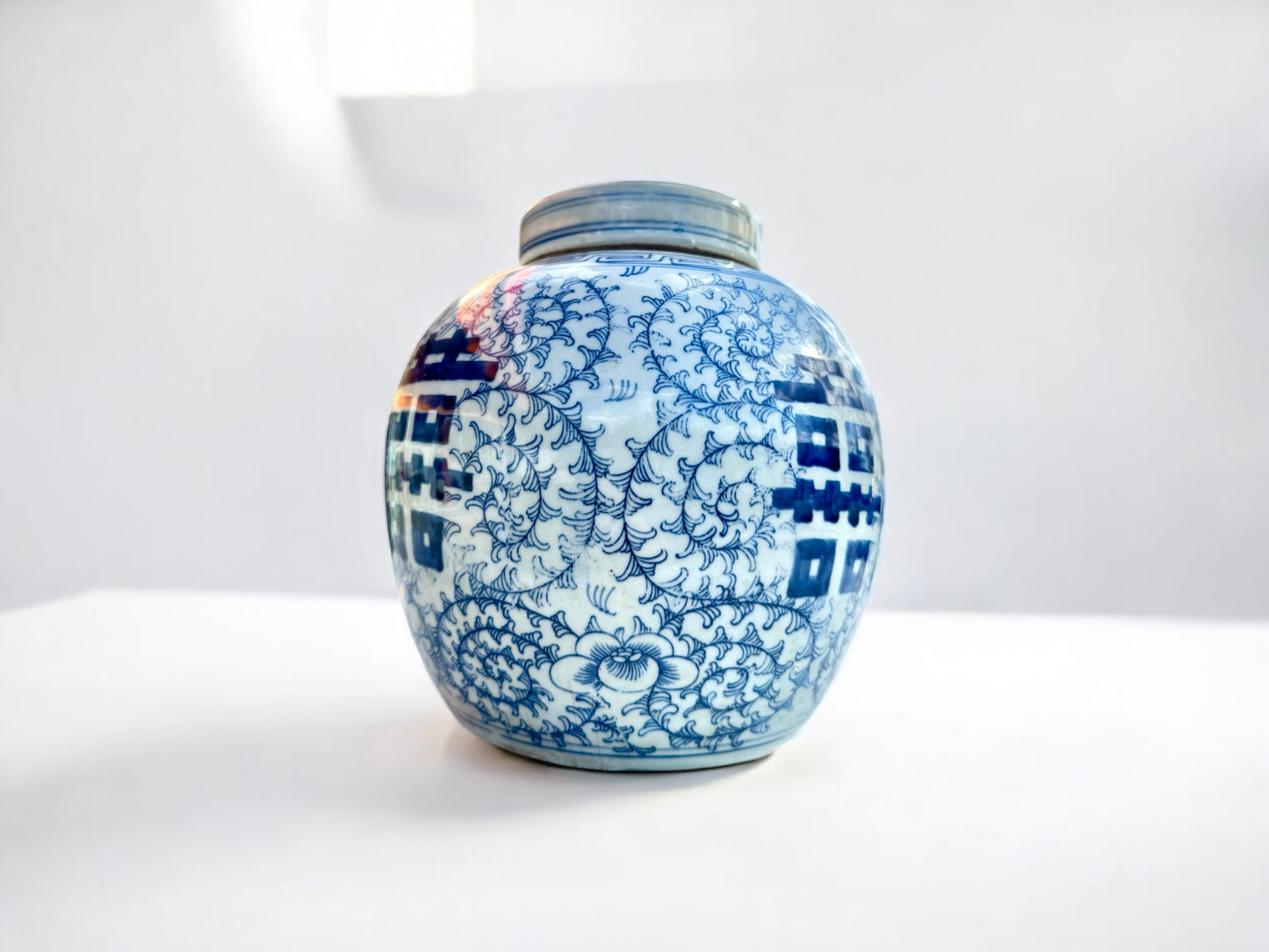 XL vintage Chinese double happiness ceramic jar with lid, hand painted