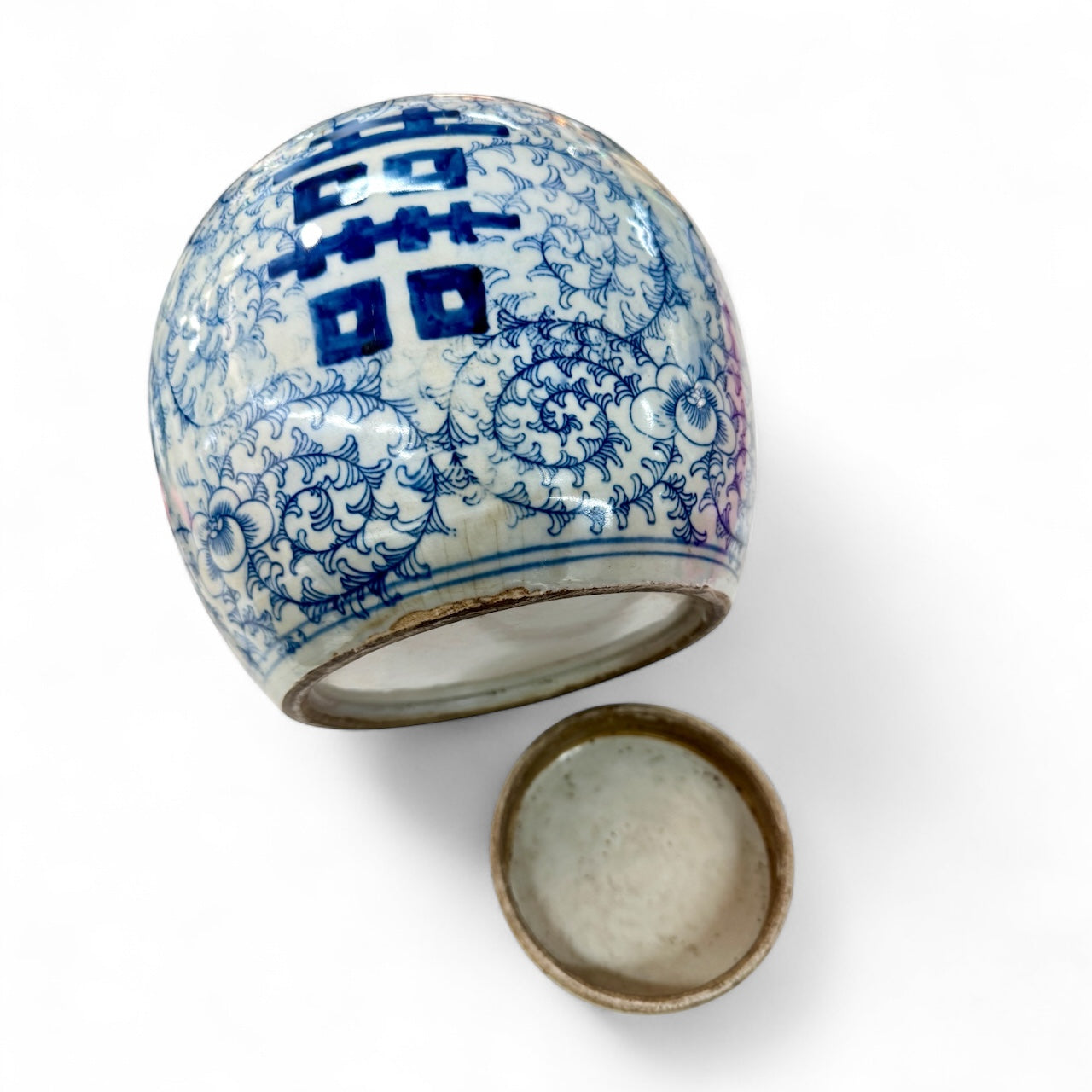 XL vintage Chinese double happiness ceramic jar with lid, hand painted