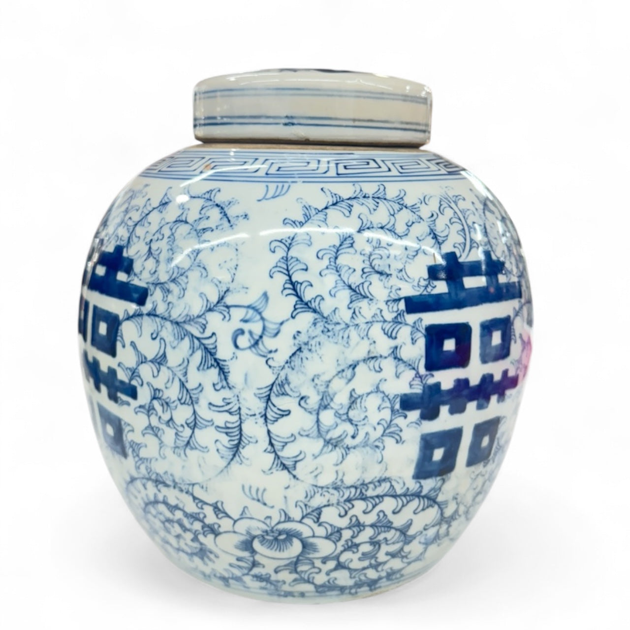 XL vintage Chinese double happiness ceramic jar with lid, hand painted