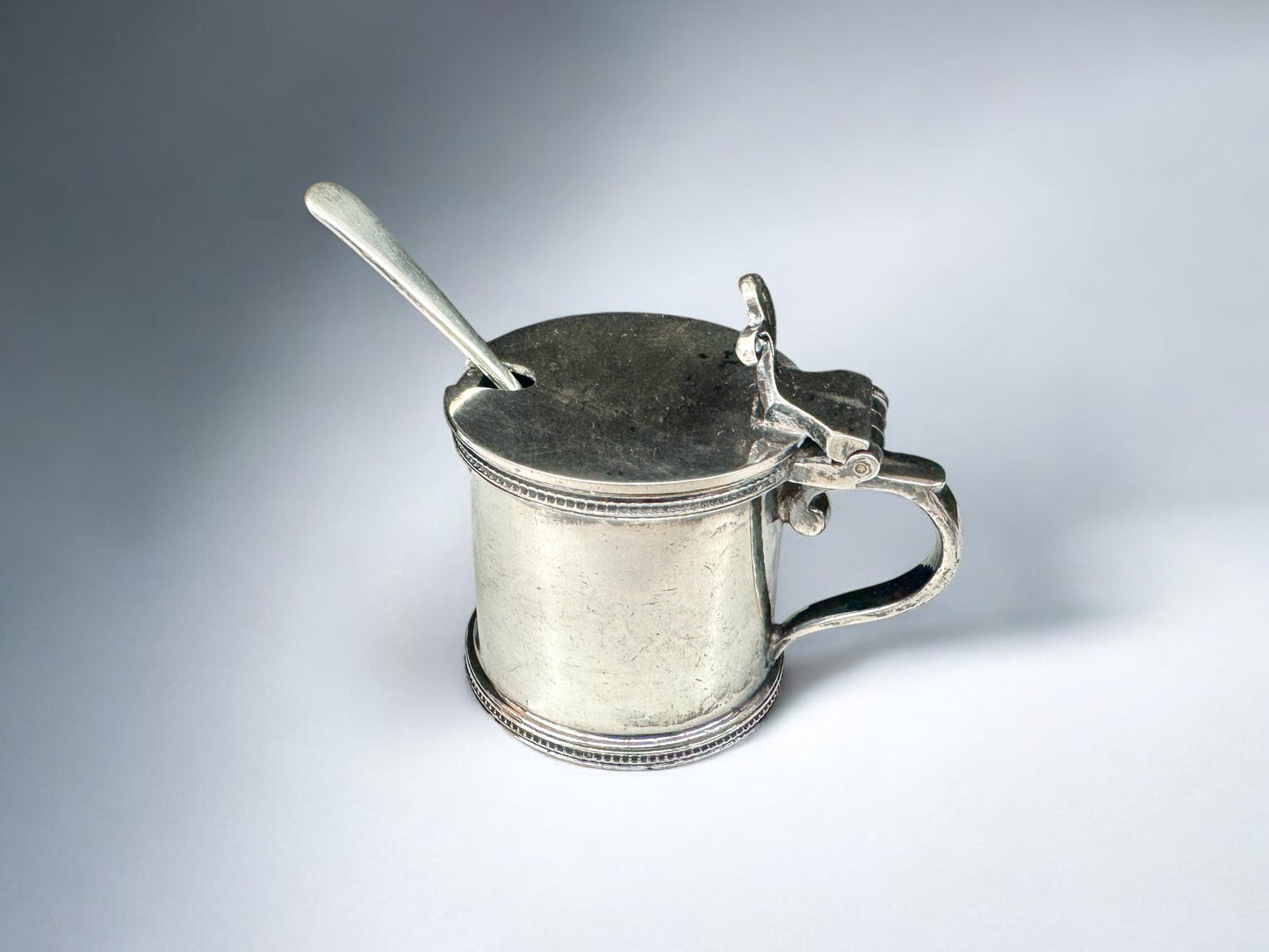 antique silver plated mustard pot with spoon ad glass insert
