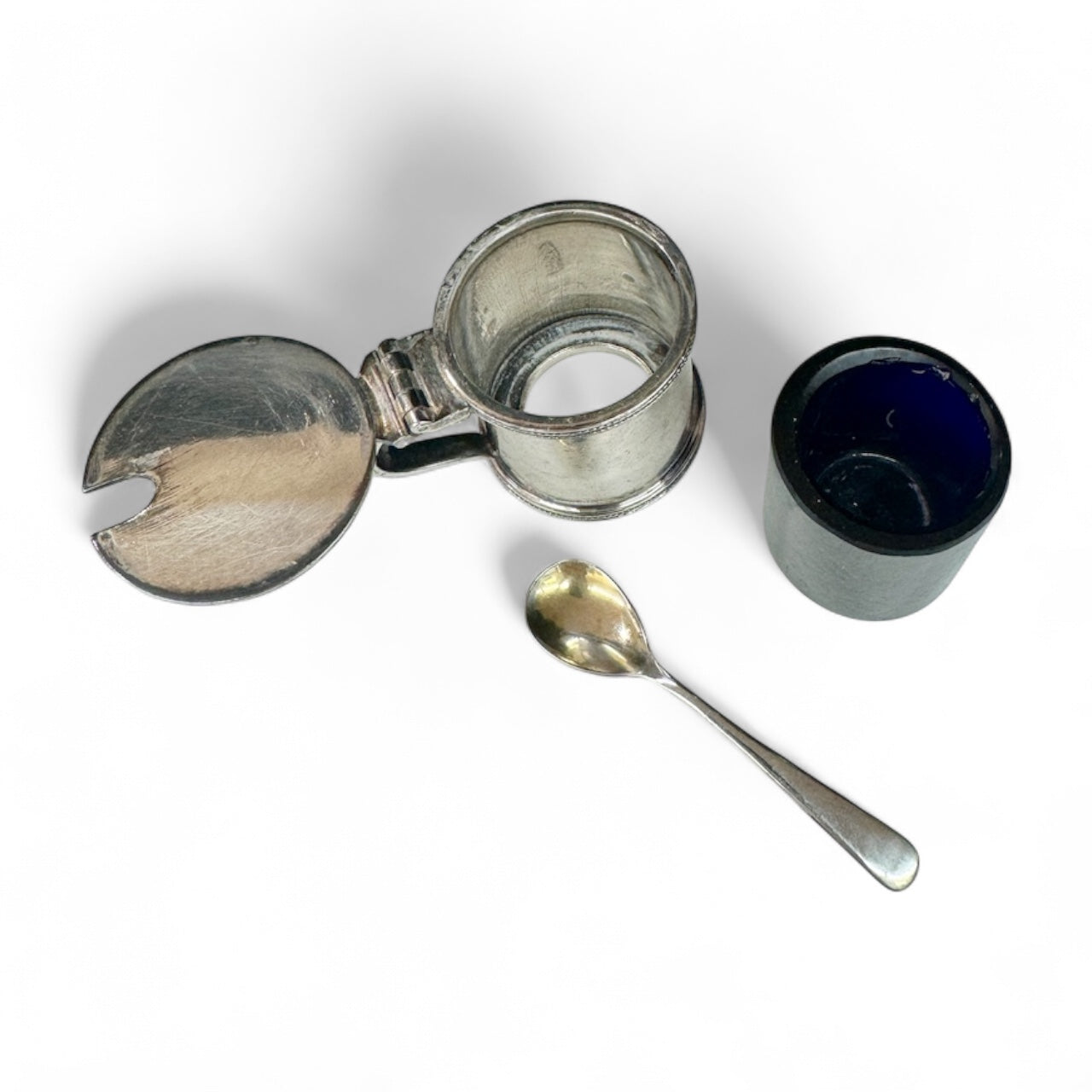 antique silver plated mustard pot with spoon ad glass insert