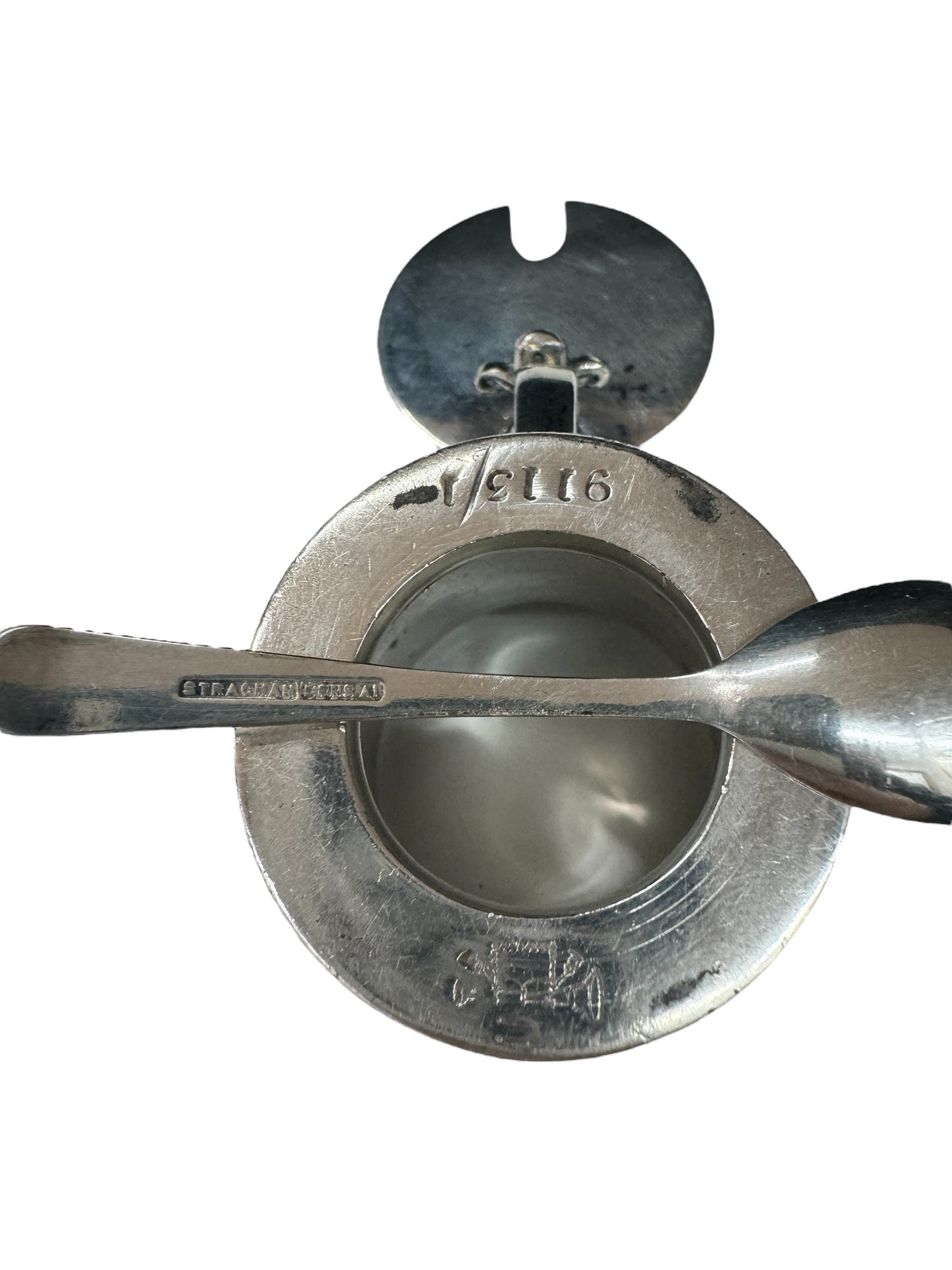 antique silver plated mustard pot with spoon ad glass insert