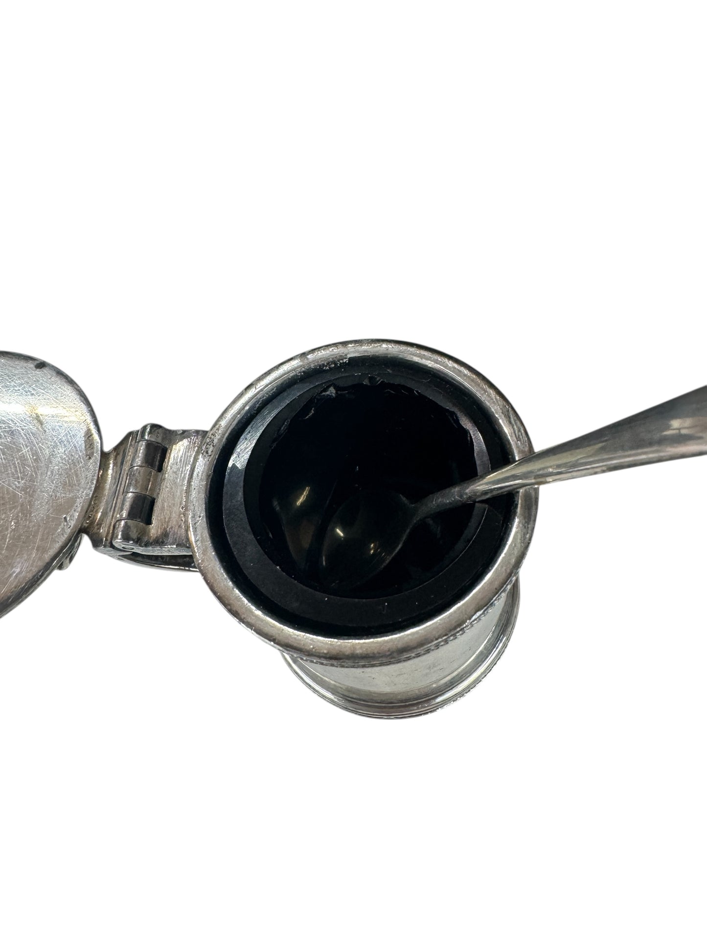 antique silver plated mustard pot with spoon ad glass insert