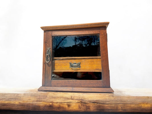 vintage wooden cabinet with drawer and glass door