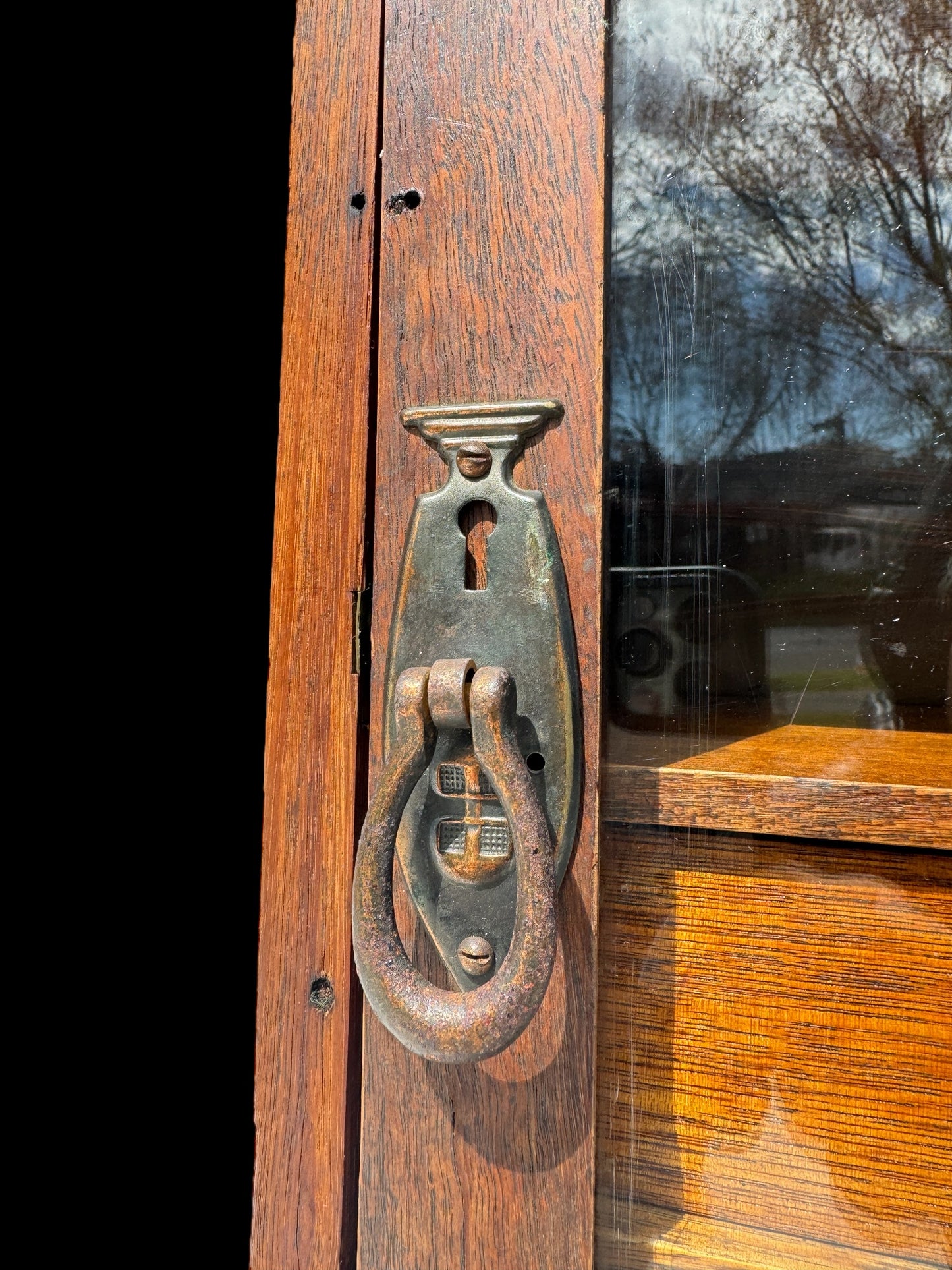vintage wooden cabinet with drawer and glass door