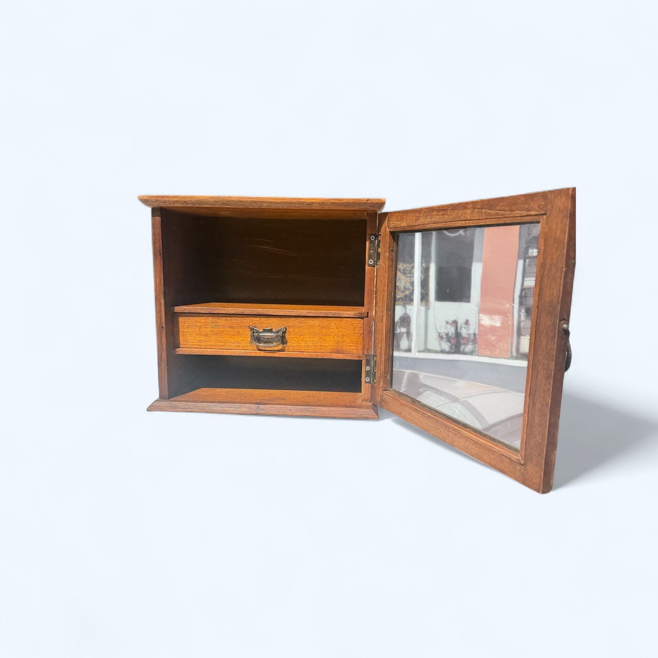 vintage wooden cabinet with drawer and glass door