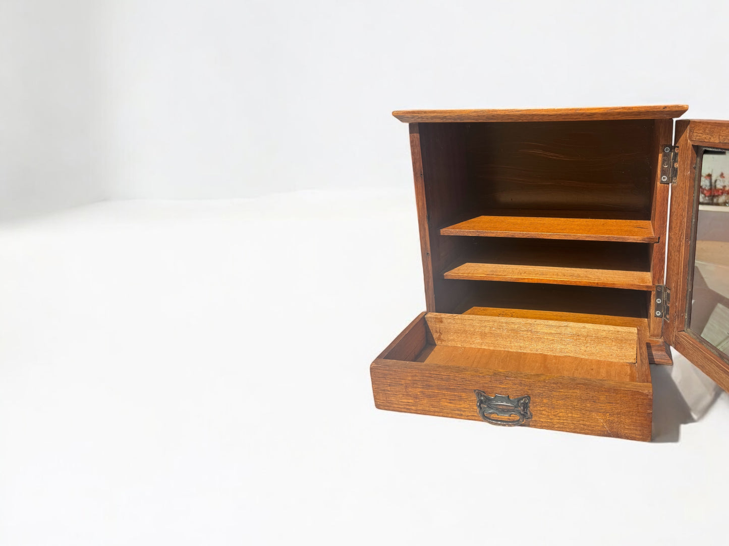 vintage wooden cabinet with drawer and glass door