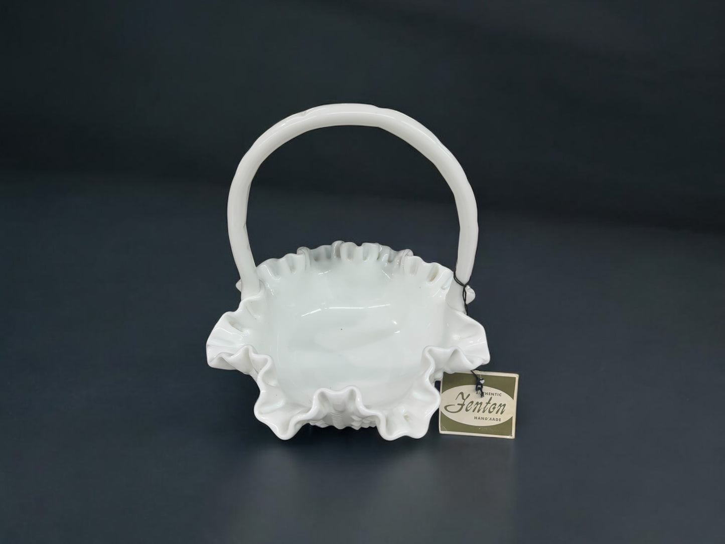 Vintage Fenton milk glass basket with original label