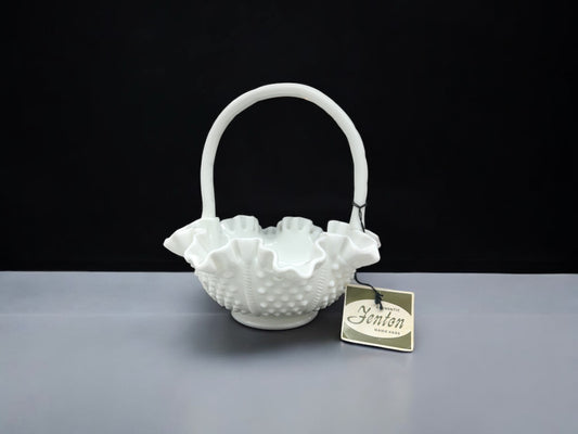 Vintage Fenton milk glass basket with original label