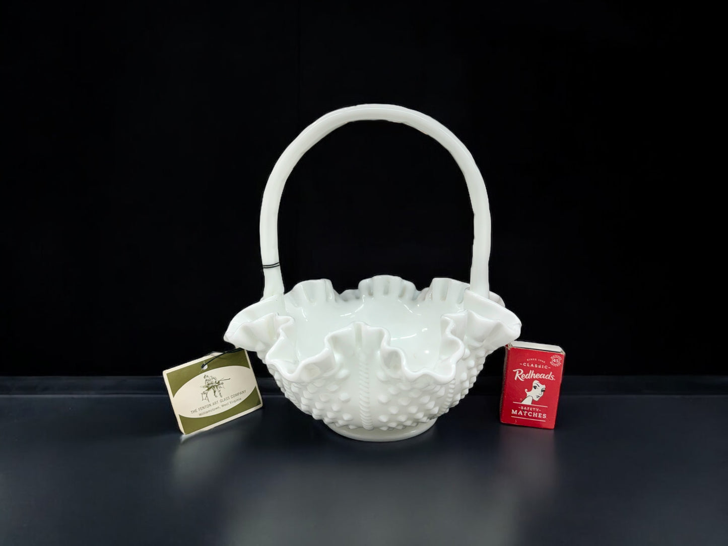 Vintage Fenton milk glass basket with original label
