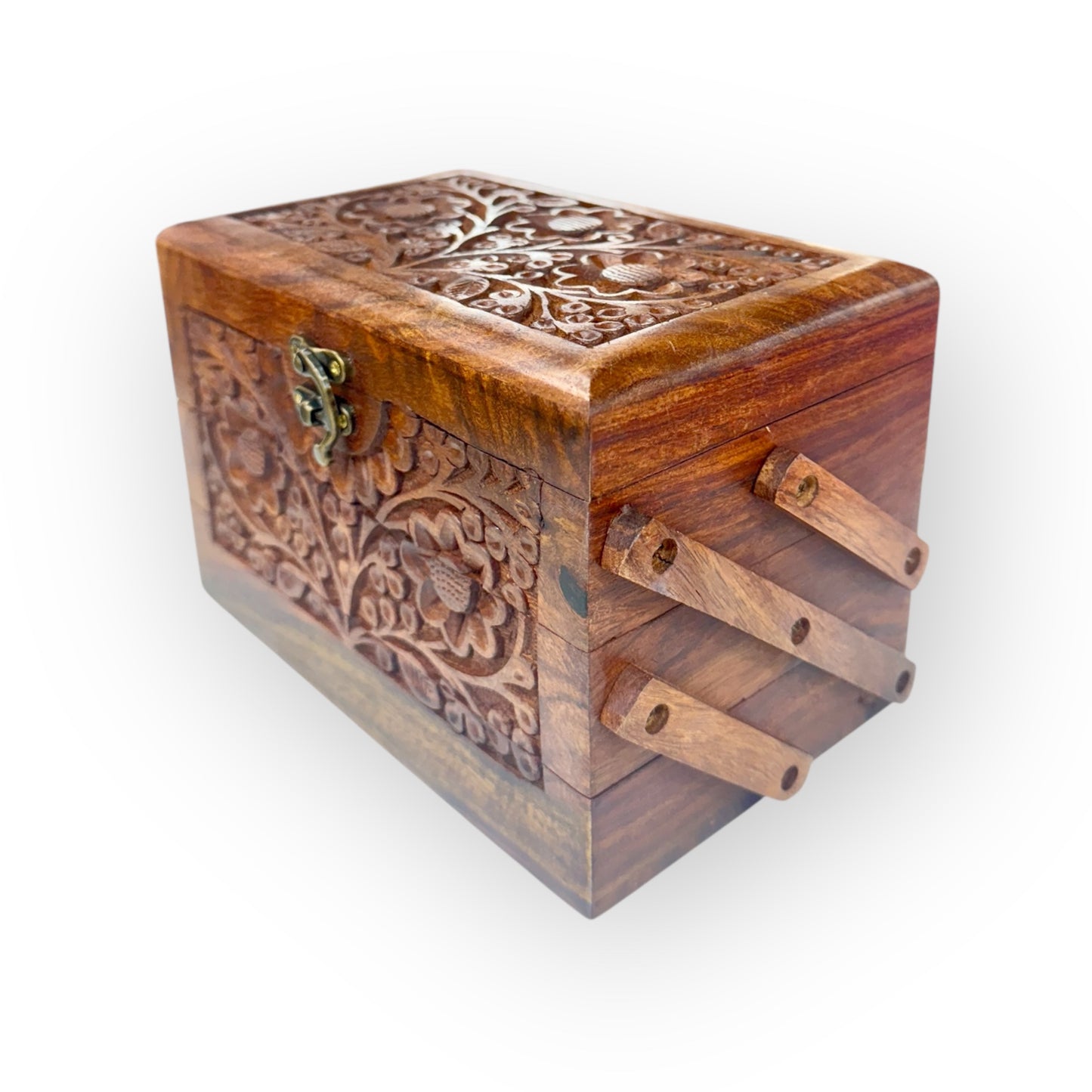 Three Tiered hand Carved Wooden Jewellery Box,trinket box,wooden box