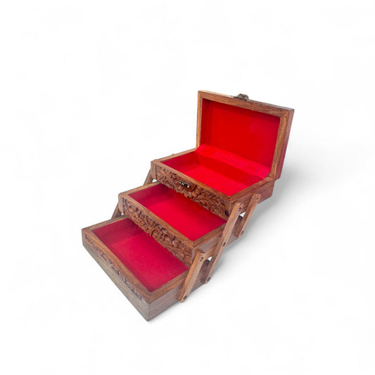 Three Tiered hand Carved Wooden Jewellery Box,trinket box,wooden box