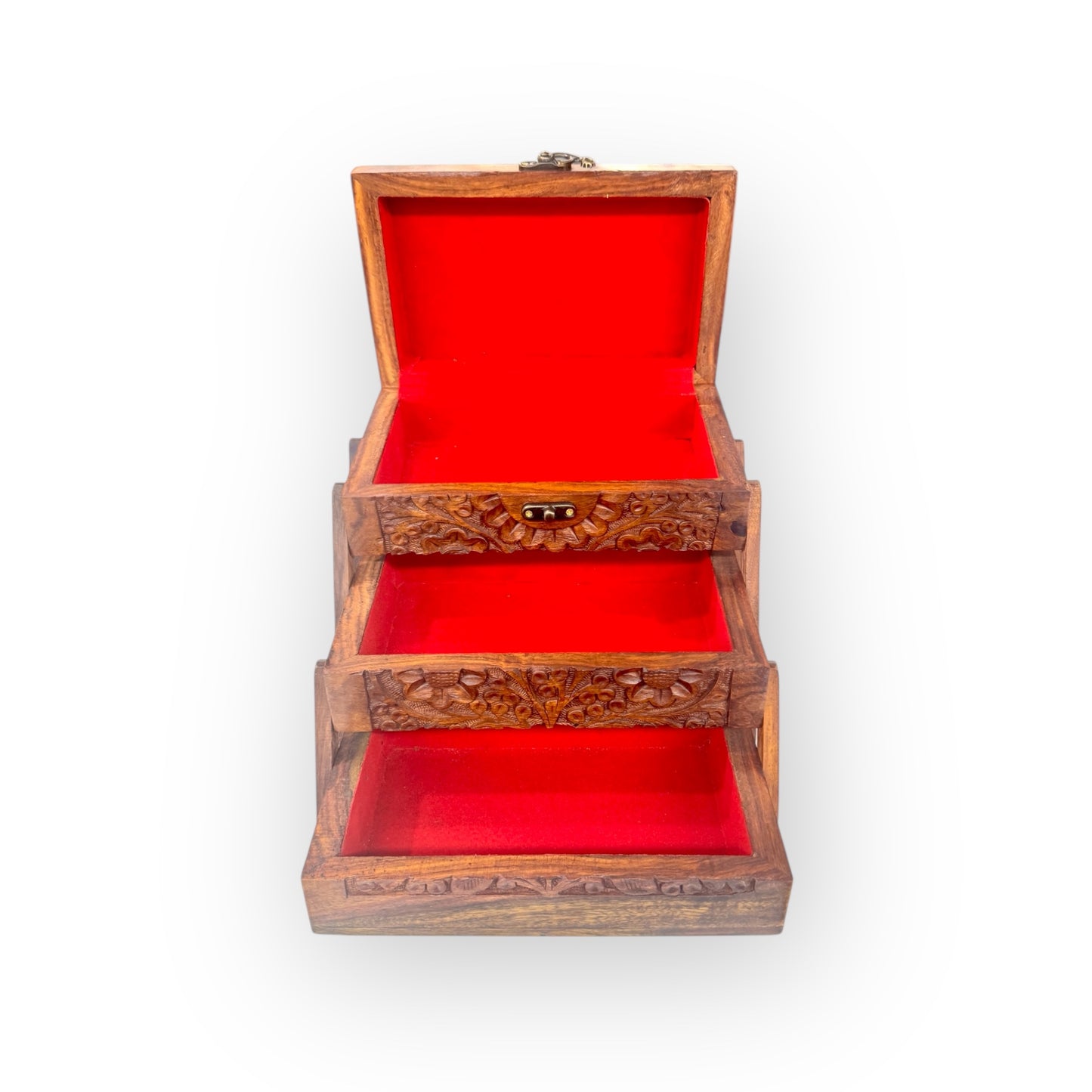 Three Tiered hand Carved Wooden Jewellery Box,trinket box,wooden box