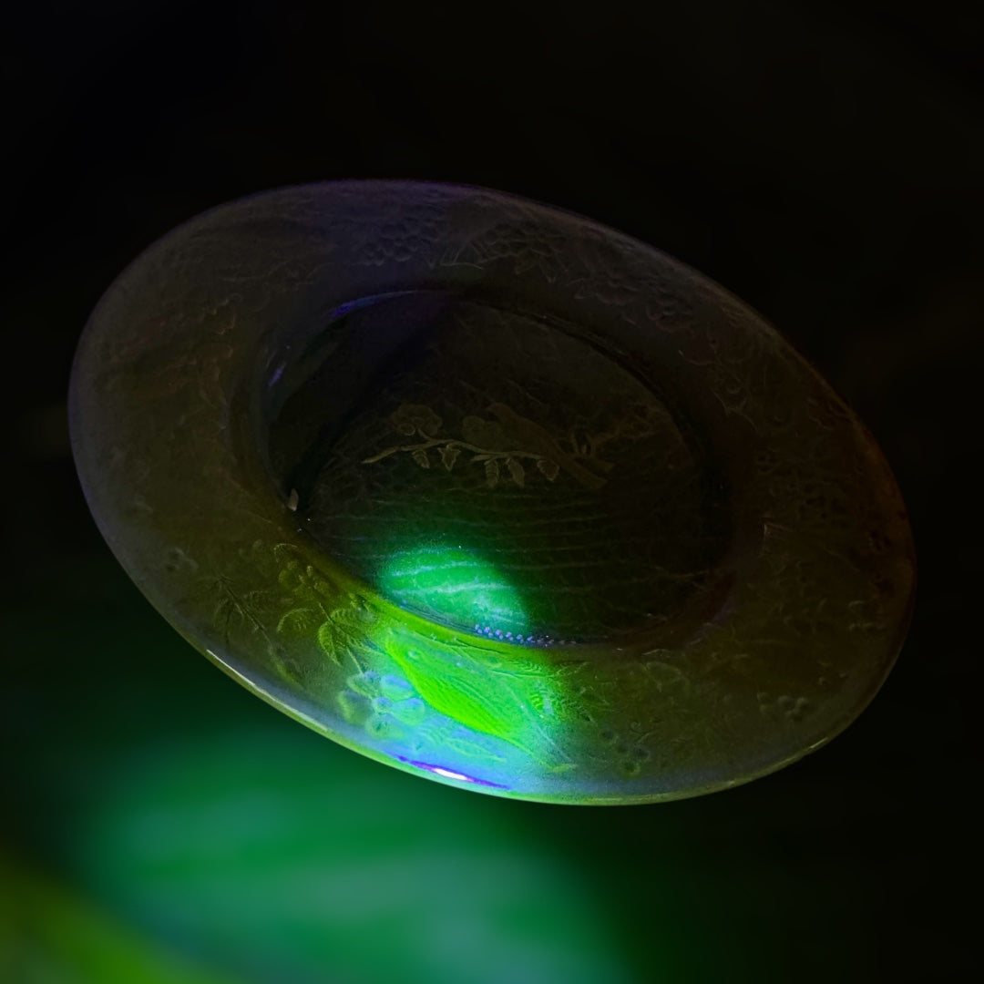 vtg Amber glass,Uranium glass plate,relief birds