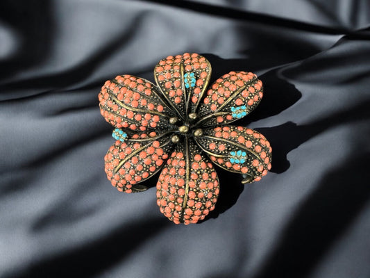 vintage flower brooch with faux coral and turquoise
