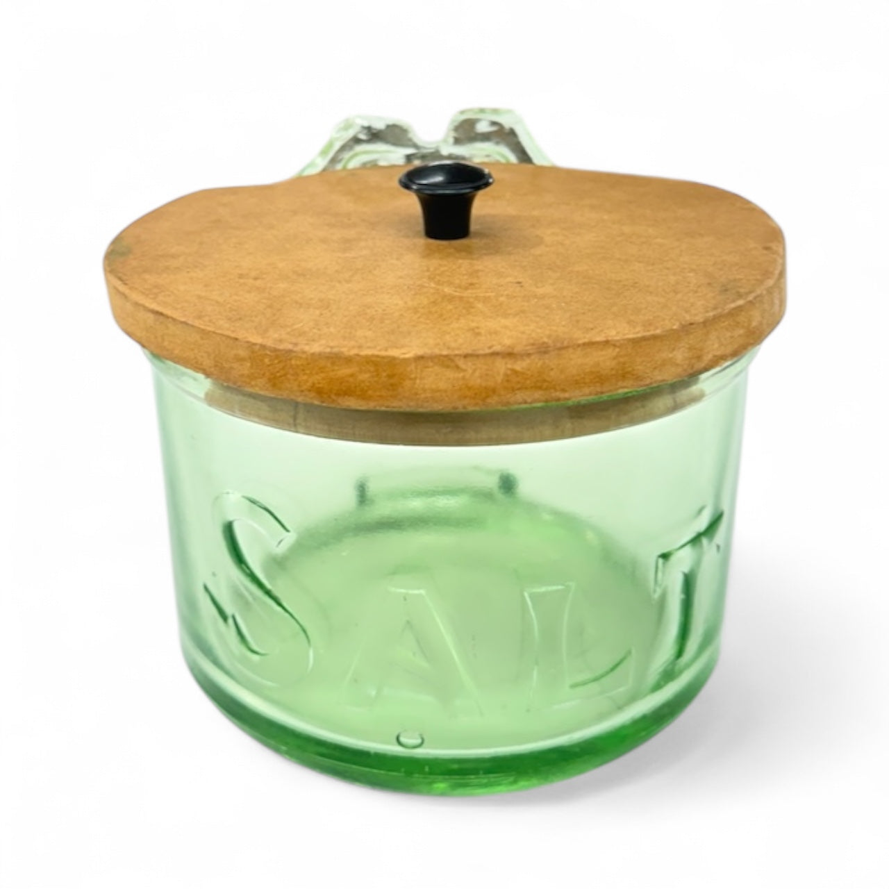 1950’s uranium glass salt cellar with wooden lid,kitchen decor,wall hanging