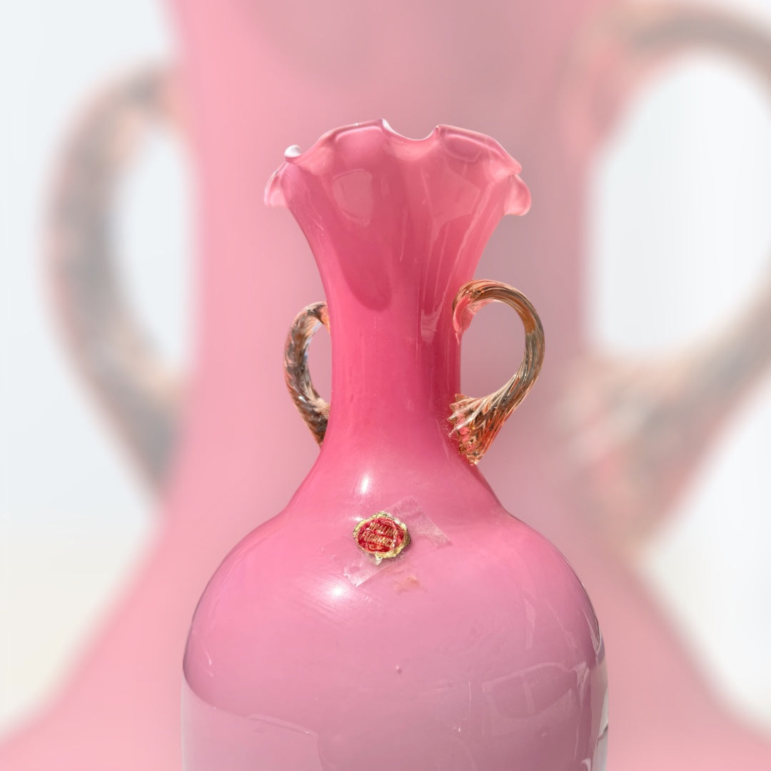 Vintage Italian Pink Opaline Florence Glass Vase – Large Decorative Centrepiece,42.5cmH