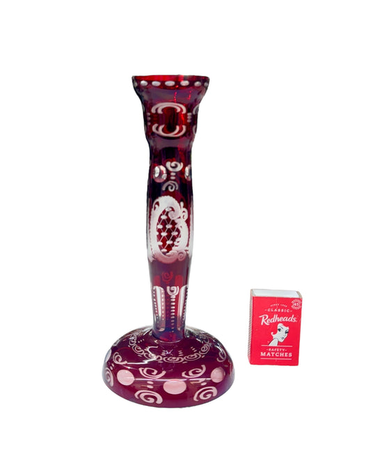 Egermann Bohemian Ruby Red Cut to Clear Crystal Glass Candlestick/vase
