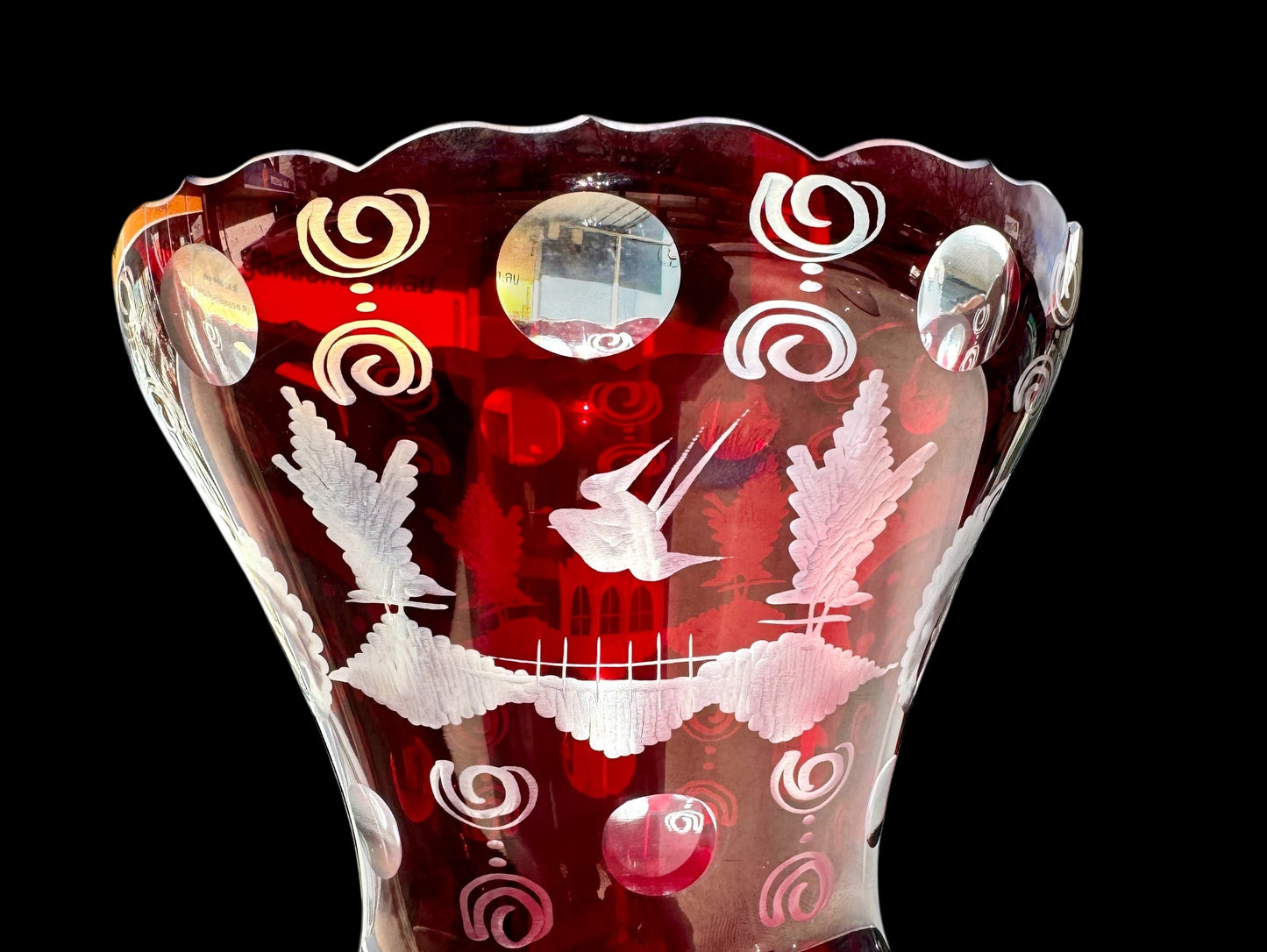 Vintage Bohemian Ruby Cut–to–Clear Glass Vase