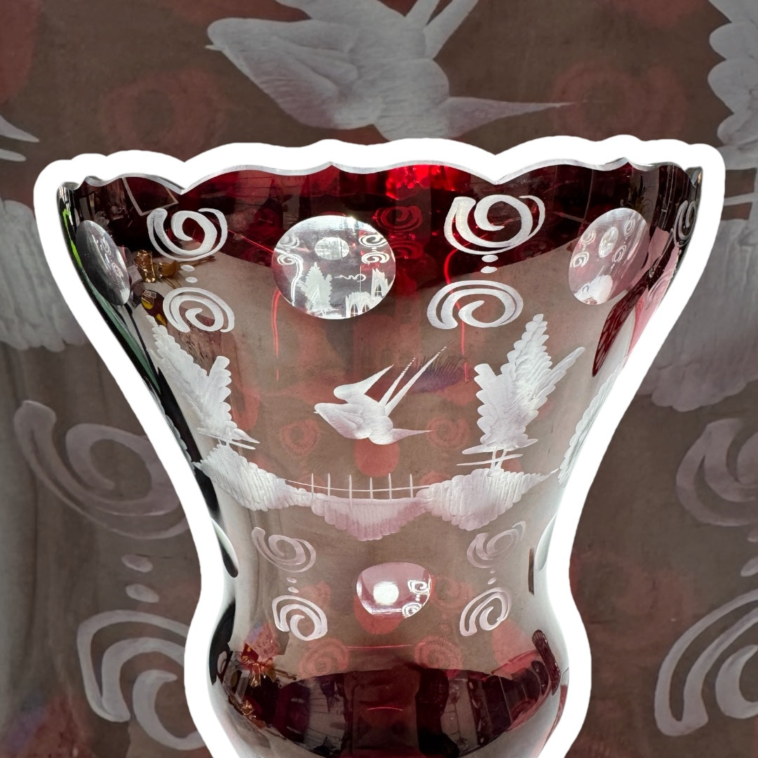 Vintage Bohemian Ruby Cut–to–Clear Glass Vase