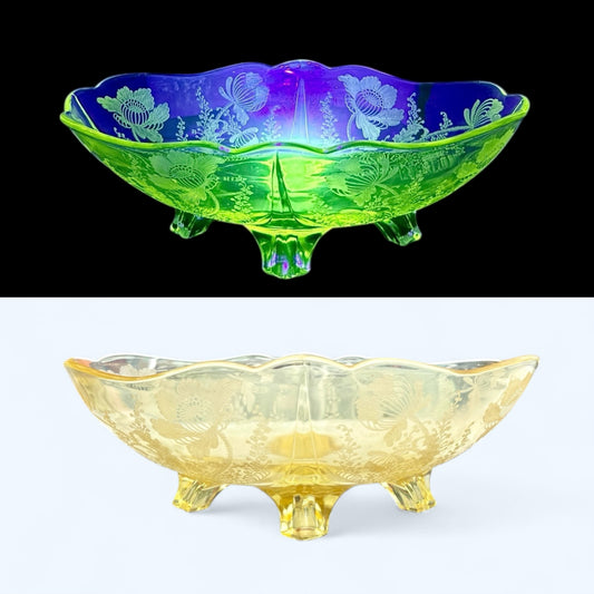 Early 20th Cambridge yellow Glass Gloria Gold Krystol Console Serving Bowl UV Glass,uranium