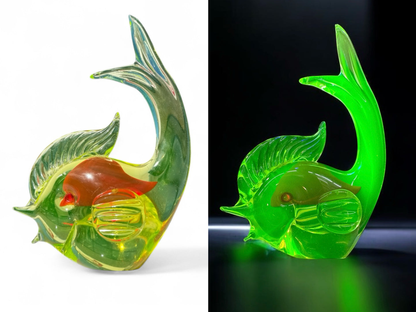 vintage Uranium Murano Sommerso Glass style Dolphin Sculpture,art glass, hand blown