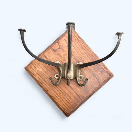 vintage Coat Rack in Wood with three big Metal Hooks,wall hanging