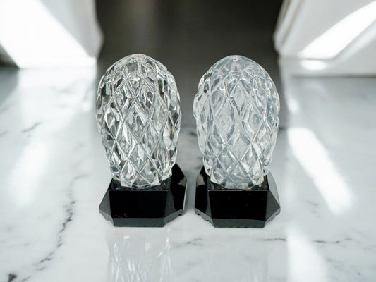 Vintage Art Deco Cut-Glass Salt & Pepper Shakers with Black Bakelite Caps