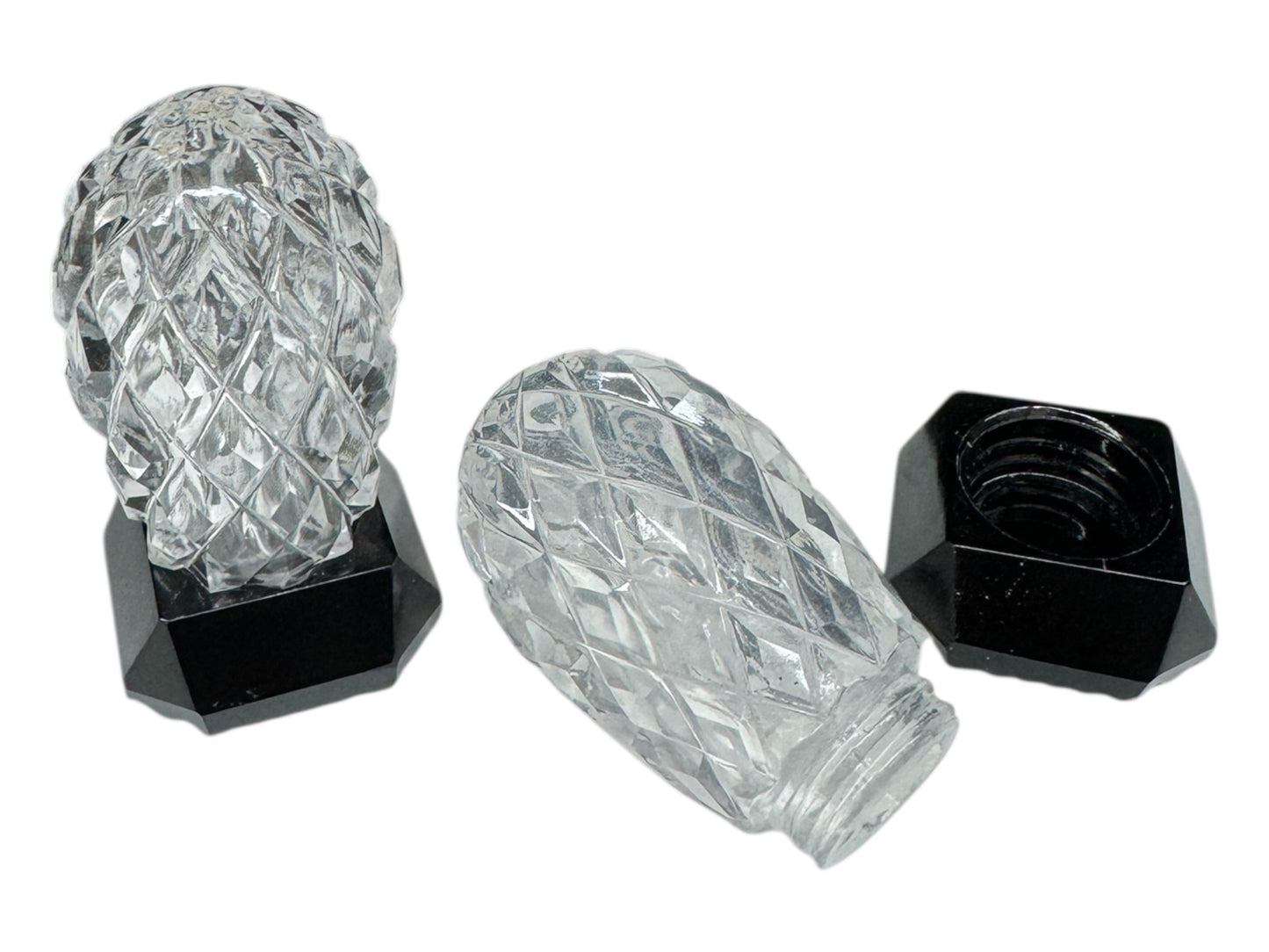 Vintage Art Deco Cut-Glass Salt & Pepper Shakers with Black Bakelite Caps
