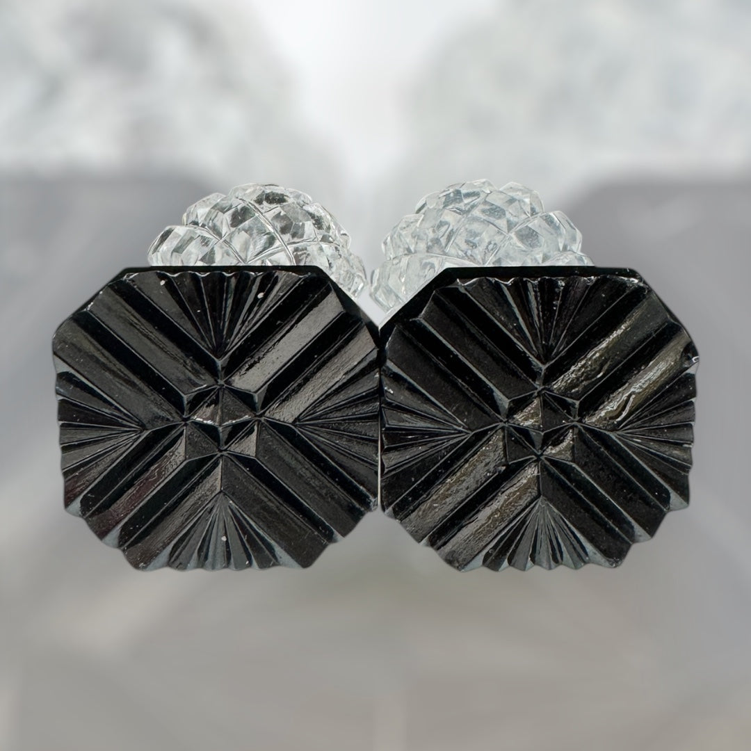 Vintage Art Deco Cut-Glass Salt & Pepper Shakers with Black Bakelite Caps