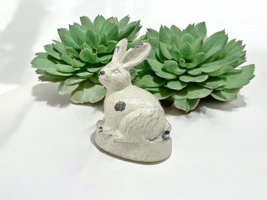 Cast iron rabbit door stop with distressed finish styled with green succulents.