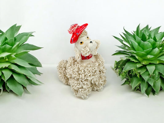 Vintage Ceramic Poodle Figurine with Red Hat – Mid-Century Kitsch