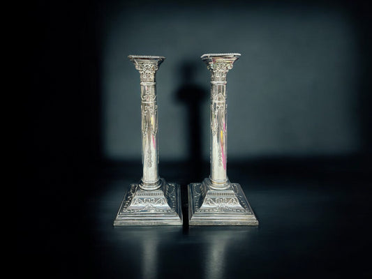 19thC Antique Silver-Plated Corinthian Column Candlestick Pair – Engraved Classical Bases