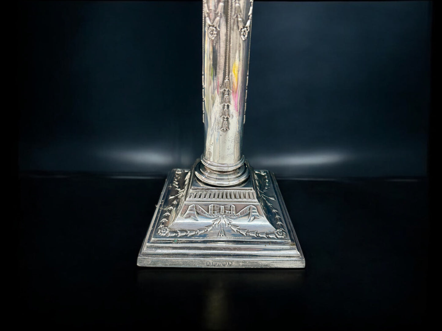 19thC Antique Silver-Plated Corinthian Column Candlestick Pair – Engraved Classical Bases