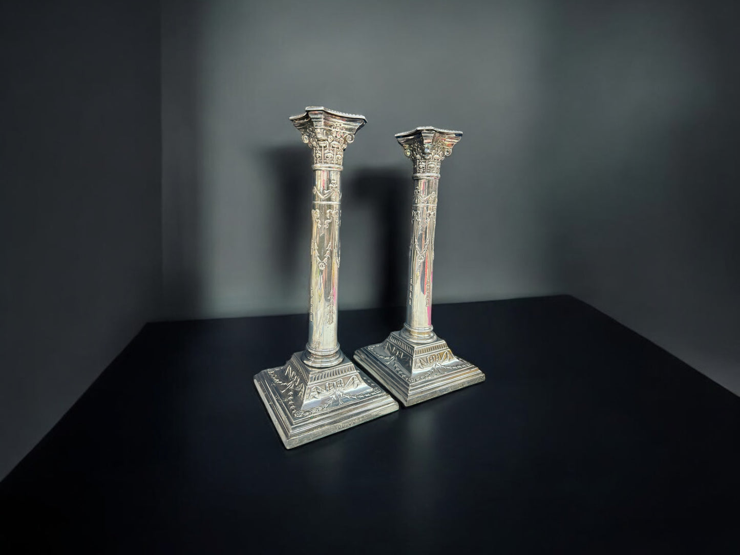 19thC Antique Silver-Plated Corinthian Column Candlestick Pair – Engraved Classical Bases