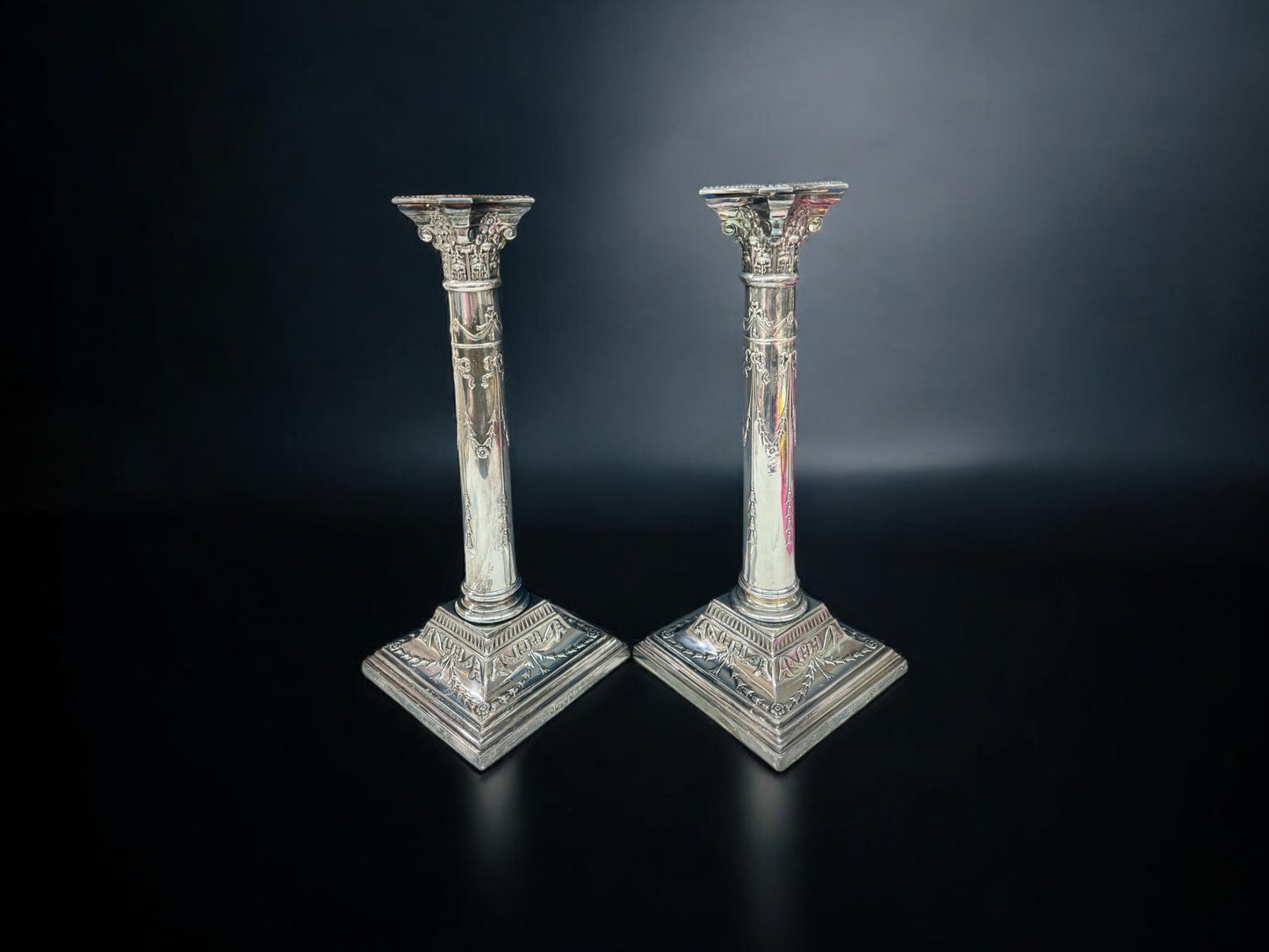 19thC Antique Silver-Plated Corinthian Column Candlestick Pair – Engraved Classical Bases