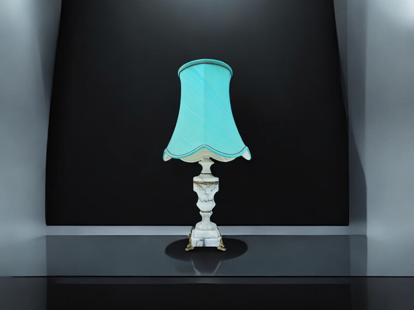 White Marble and Brass table lamp with green shade.working order