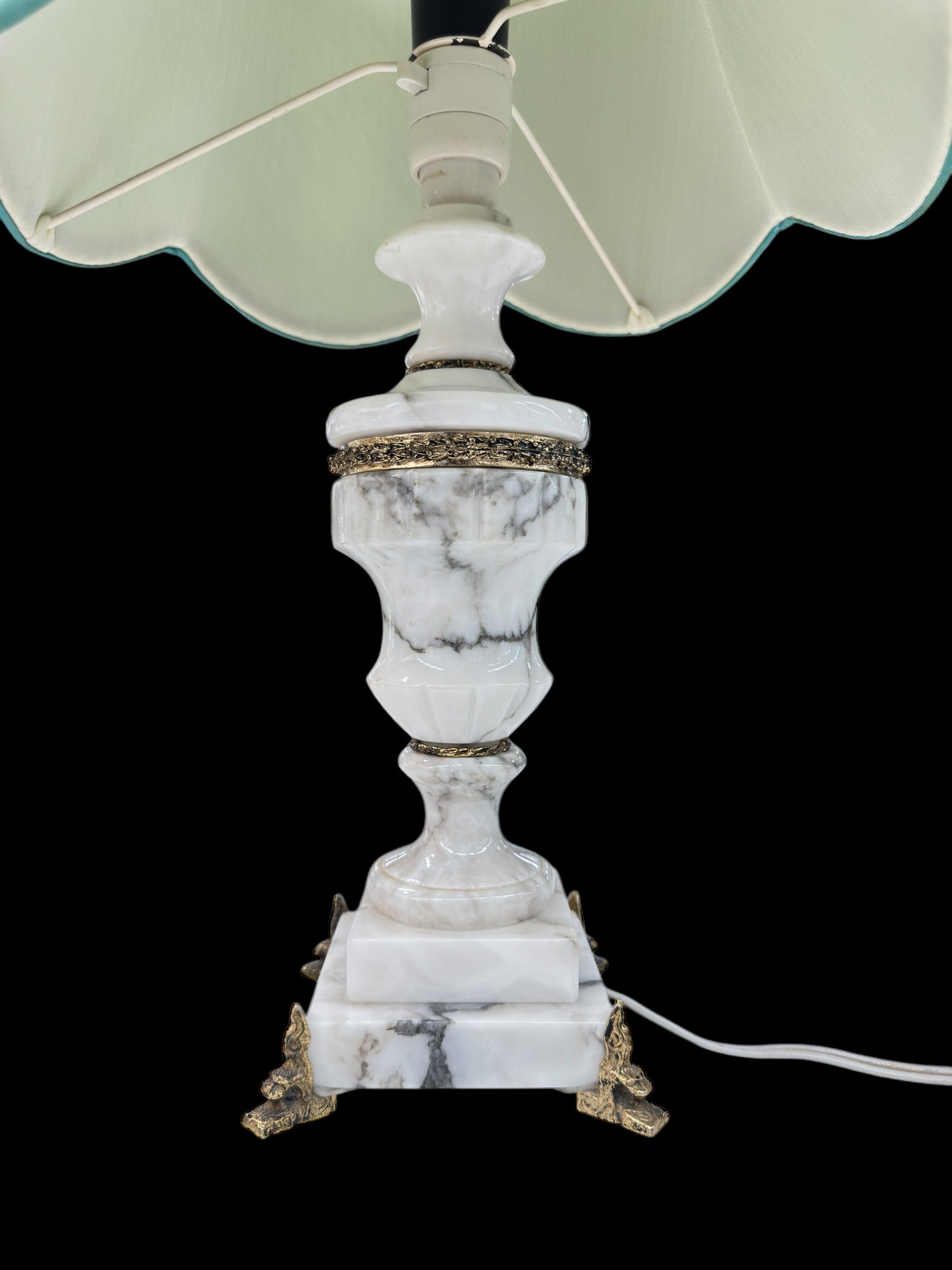 White Marble and Brass table lamp with green shade.working order