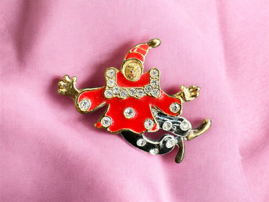 Vtg Red & Black Enamel Rhinestone Articulated Gold Tone Clown Brooch Pin Pendant
